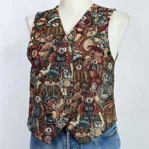 Vintage 90s Teddy Bear Tapestry Vest Size Medium Cottagecore Animal Retro